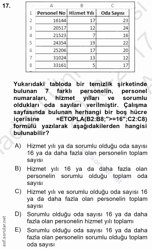 17. soru: A B 1 Personel No Hizmet Yılı Oda Sayısı 16144 17 23 20517 12 24 4 21523 16 24354 19 22 25206 17 20 7 31024 13 12 8 3…