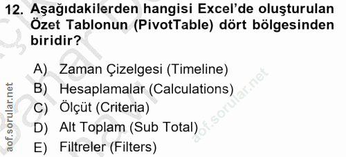 12. soru: Aşağıdakilerden hangisi Excel'de oluşturulan Özet Tablonun (PivotTable) dört bölgesinden biridir? A) Zaman Çizelgesi…