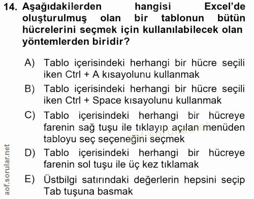 14. soru: Aşağıdakilerden hangisi Excel'de oluşturulmuş olan bir tablonun bütün hücrelerini seçmek için kullanılabilecek olan y…