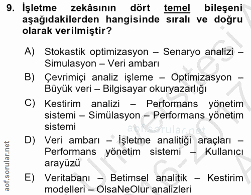 9. soru: İşletme zekâsının dört temel bileseni aşağıdakilerden hangisinde sıralı ve doğru olarak verilmiştir? A) Stokastik opt…