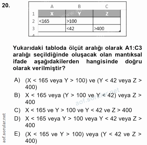 20. soru: X 2 <165 >100 <42 >400 Yukarıdaki tabloda ölçüt aralığı olarak A1:C3 aralığı seçildiğinde oluşacak olan mantıksal ifa…