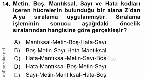 14. soru: Metin, Boş, Mantıksal, Sayı ve Hata kodları içeren hücrelerin bulunduğu bir alana Z'dan A'ya siralama uygulanmıştır.…