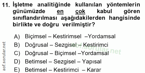 11. soru: İşletme analitiğinde kullanılan yöntemlerin çok kabul gören günümüzde en sınıflandırılması aşağıdakilerden hangisinde…
