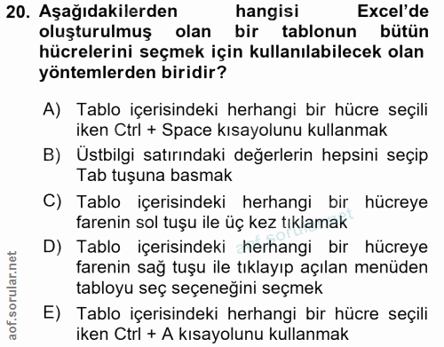 20. soru: Aşağıdakilerden hangisi Excel'de oluşturulmuş olan bir tablonun bütün hücrelerini seçmek için kullanılabilecek olan y…