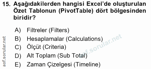 15. soru: Aşağıdakilerden hangisi Excel'de oluşturulan Özet Tablonun (PivotTable) dört bölgesinden biridir? A) Filtreler (Filte…