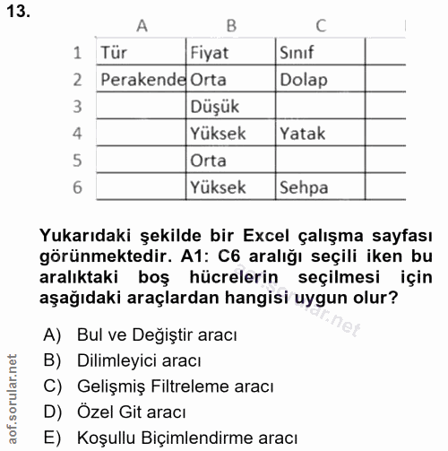 13. soru: 1 Tür Fiyat Sinıf 2 Perakende Orta Dolap 3 DüşükR 4 Yüksek Yatak 5 Orta 6 Yüksek Sehpa Yukarıdaki şekilde bir Excel ç…