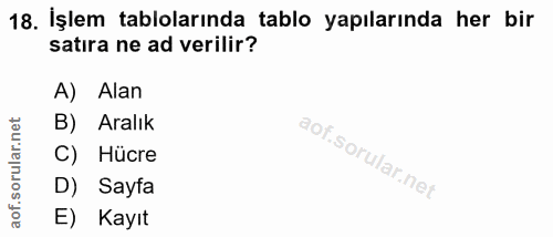 18. soru: İşlem tablolarında tablo yapılarında her bir satıra ne ad verilir? A) Alan B) Aralık C) Hücre D) Sayfa E) Kayıt