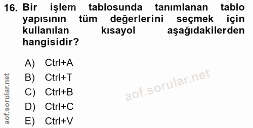 16. soru: Bir işlem tablosunda tanımlanan •tablo yapısının tüm değerlerini seçmek için kullanılan kısayol aşağıdakilerden hangi…