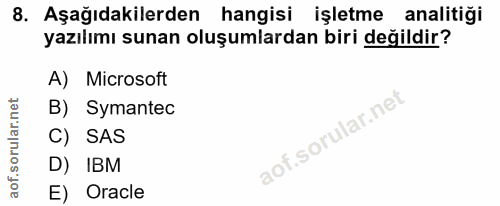 8. soru: Aşağıdakilerden hangisi işletme analitiği yazılımı sunan oluşumlardan biri değildir? A) Microsoft B) Symantec C) SAS…