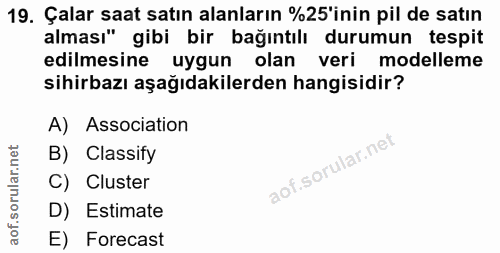 19. soru: Çalar saat satın alanların %25'inin pil de satın alması" gibi bir bağıntılı durumun tespit edilmesine uygun olan veri…