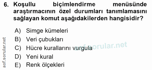 6. soru: Koşullu biçimlendirme menüsünde araştırmacının özel durumları tanımlamasını sağlayan komut aşağıdakilerden hangisidir…