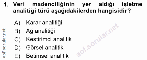 1. soru: Veri madenciliğinin yer aldığı işletme analitiği türü aşağıdakilerden hangisidir? A) Karar analitiği B) Ağ analitiği…