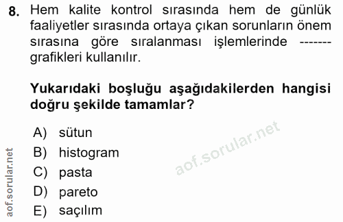 8. soru: Hem kalite kontrol sırasında hem de günlük faaliyetler sırasında ortaya çıkan sorunların önem sirasina göre siralanma…