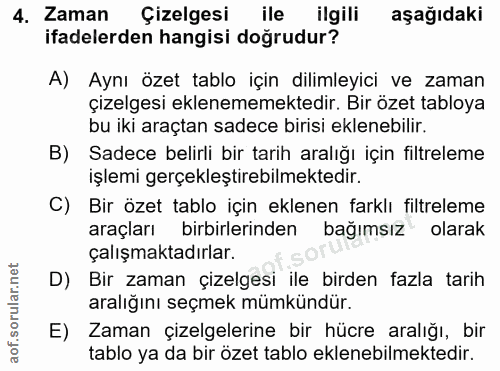 4. soru: Zaman Çizelgesi ile ilgili aşağıdaki ifadelerden hangisi doğrudur? A) Aynı özet tablo için dilimleyici ve zaman çizel…