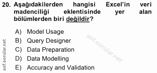 20. soru: Aşağıdakilerden hangisi Excel'in veri madenciliği eklentisinde yer alan bölümlerden biri değildir? A) Model Usage B)…