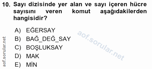 10. soru: Sayı dizisinde yer alan ve sayı içeren hücre sayısını veren komut aşağıdakilerden hangisidir? A) EĞERSAY B) BAĞ_DEĞ_S…