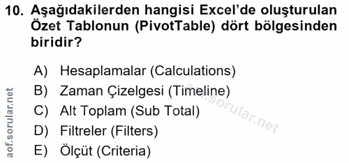 10. soru: Aşağıdakilerden hangisi Excel'de oluşturulan Özet Tablonun (PivotTable) dört bölgesinden biridir? A) Hesaplamalar (Ca…