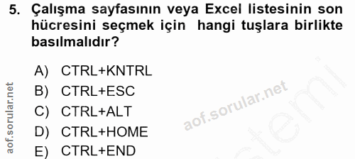5. soru: Çalışma sayfasının veya Excel listesinin son hücresini seçmek için hangi tuşlara birlikte basılmalıdır? A) CTRL+KNTRL…