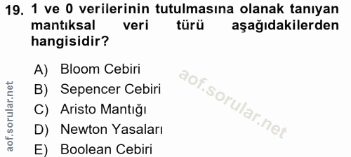 19. soru: 1 ve 0 verilerinin tutulmasına olanak tanıyan mantıksal veri türü aşağıdakilerden hangisidir? A) Bloom Cebiri B) Sepe…