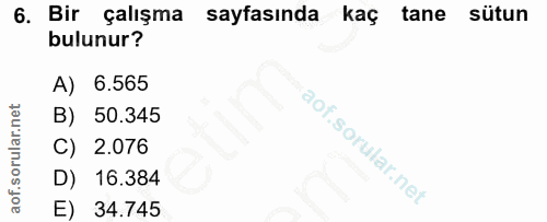 6. soru: Bir çalışma sayfasında kaç tane sütun bulunur? A) 6.565 B) 50.345 C) 2.076 D) 16.384 E) 34.745