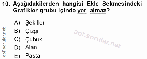 10. soru: Aşağıdakilerden hangisi Ekle Sekmesindeki Grafikler grubu içinde yer almaz? A) Şekiller B) Çizgi C) Çubuk D) Alan E)…