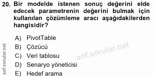 20. soru: Bir modelde istenen sonuç değerini elde edecek parametrenin değerini bulmak için kullanılan çözümleme aracı aşağıdaki…