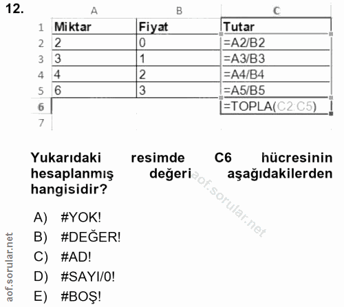 12. soru: Al 1 Miktar Fiyat Tutar 2 0 =A2/B2 3 1 =AЗ/B3 4 2 =A4/B4 5 6 3 =A5/B5 6 ETOPLA(C2CS) ! 7 Yukarıdaki resimde C6 hücres…