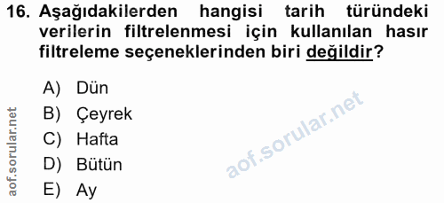 16. soru: Aşağıdakilerden hangisi tarih türündeki verilerin filtrelenmesi için kullanılan hasır filtreleme seçeneklerinden biri…