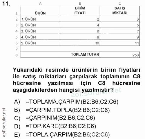 11. soru: A BIRIM SATIŞ ORÜN FİYATI MİKTARI 1. URUN 3 2. URÚN 5 4 3. ÜRÜN 4. URUN 9 5. ÜRÜN 10 11 TOPLAM TUTAR 250 Yukarıdaki r…