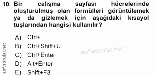 10. soru: Bir çalışma sayfası hücrelerinde oluşturulmuş olan formülleri görüntülemek ya da gizlemek için aşağıdaki kısayol tuşl…