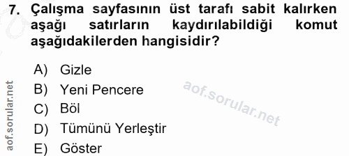 7. soru: Çalışma sayfasının üst tarafı sabit kalırken aşağı satırların kaydırılabildiği komut aşağıdakilerden hangisidir? A) G…
