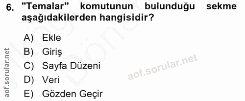 6. soru: "Temalar" komutunun bulunduğu sekme aşağıdakilerden hangisidir? A) Ekle B) Giriş C) Sayfa Düzeni D) Veri E) Gözden Geçir