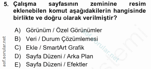 5. soru: Çalışma sayfasının zeminine resim eklenebilen komut aşağıdakilerin hangisinde birlikte ve doğru olarak verilmiştir? A…