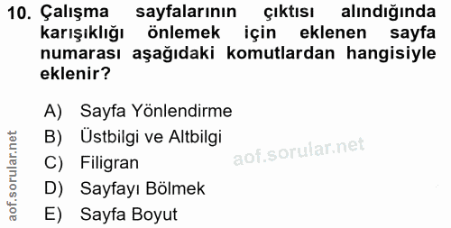 10. soru: Çalışma sayfalarının Çıktısı alındığında karışıklığı önlemek için eklenen sayfa numarası aşağıdaki komutlardan hangis…