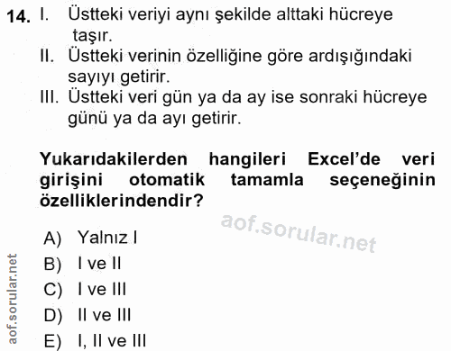 14. soru: 1. Ustteki veriyi aynı şekilde alttaki hücreye taşır. II. Ustteki verinin özelliğine göre ardışığındaki sayıyı getiri…