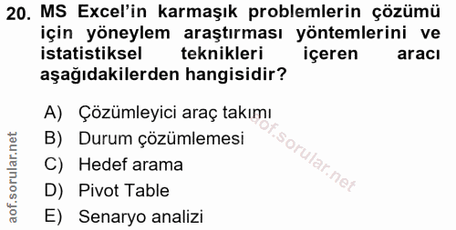 20. soru: MS Excel'in karmaşık problemlerin çözümü için yöneylem araştırması yöntemlerini ve istatistiksel teknikleri içeren ar…