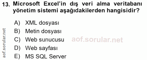 13. soru: Microsoft Ecel'in dış veri alma veritabanı yönetim sistemi aşağıdakilerden hangisidir? A) XML dosyası B) Metin dosyas…