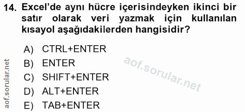 14. soru: Excel'de aynı hücre içerisindeyken ikinci bir satır olarak veri yazmak için kullanılan kısayol aşağıdakilerden hangis…