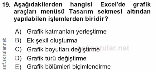 19. soru: Aşağıdakilerden hangisi Excel'de grafik araçları menüsü Tasarım sekmesi altından yapılabilen işlemlerden biridir? A)…