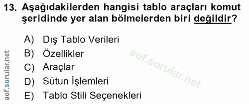 13. soru: Aşağıdakilerden hangisi tablo araçları komut şeridinde yer alan bölmelerden biri değildir? A) Dış Tablo Verileri B) Ö…