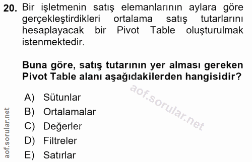 20. soru: Bir işletmenin satış elemanlarının aylara göre gerçekleştirdikleri ortalama satış tutarlarını hesaplayacak bir Pivot…