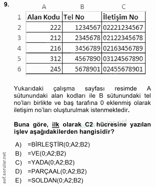 9. soru: A B C 1 Alan Kodu Tel No İletişim No 2 222 1234567 02221234567 212 2345678 02122345678 4 216 3456789 02163456789 5 31…
