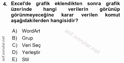 4. soru: Excel'de grafik eklendikten sonra grafik üzerinde hangi verilerin görünüp görünmeyeceğine karar verilen komut aşağıda…