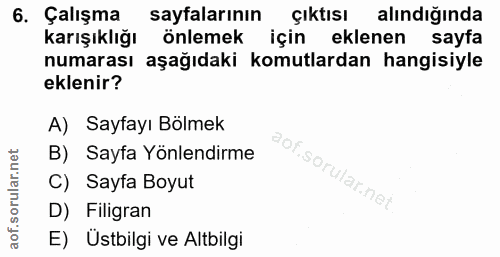 6. soru: Çalışma sayfalarının çıktısı alındığında karışıklığı önlemek için eklenen sayfa numarası aşağıdaki komutlardan hangis…