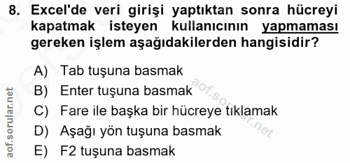 8. soru: Excel'de veri girişi yaptıktan sonra hücreyi kapatmak isteyen kullanıcının yapmaması gereken işlem aşağıdakilerden ha…