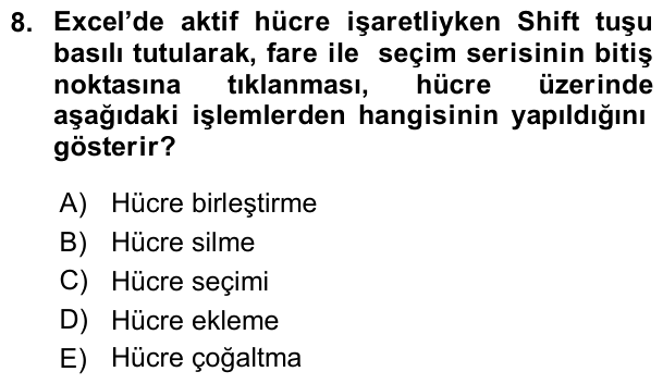 8. soru: Excel'de aktif hücre işaretliyken Shift tușu basılı tutularak, fare ile seçim serisinin bitiş noktasına tıklanması, h…