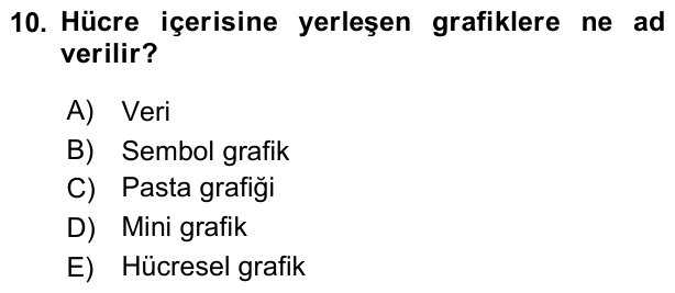 10. soru: Hücre içerisine yerleşen grafiklere ne ad verilir? A) Veri B) Sembol grafik C) Pasta grafiği D) Mini grafik E) Hücres…