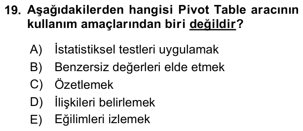 19. soru: Aşağıdakilerden hangisi Pivot Table aracının kullanım amaçlarından biri değildir? A) istatistiksel testleri uygulamak…