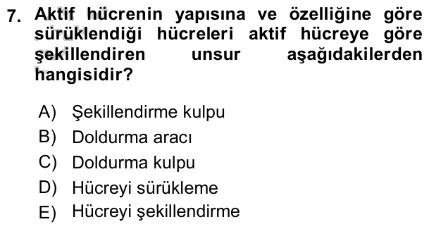7. soru: Aktif hücrenin yapısına ve özelliğine göre sürüklendiği hücreleri aktif hücreye göre şekillendiren unsur aşağıdakiler…