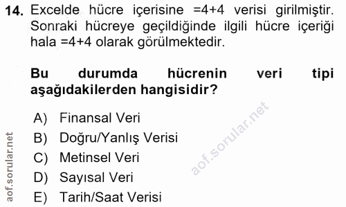 14. soru: Excelde hücre içerisine =4+4 verisi girilmiştir. Sonraki hücreye geçildiğinde ilgili hücre içeriği hala =4+4 olarak g…